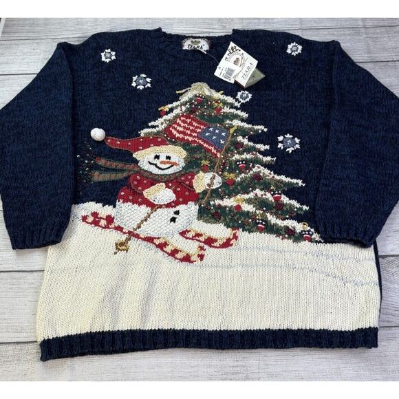 Tiara International Vintage Winter Snowman Americana Sweater Hand Knit Size L - Picture 1 of 8
